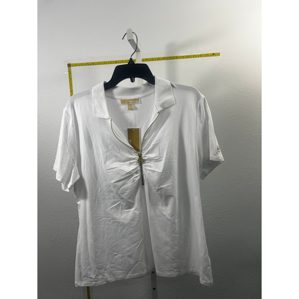 Michael Michael Kors Womens White Half Zip Polo Shirt Gold Logo MK Size XL NWT